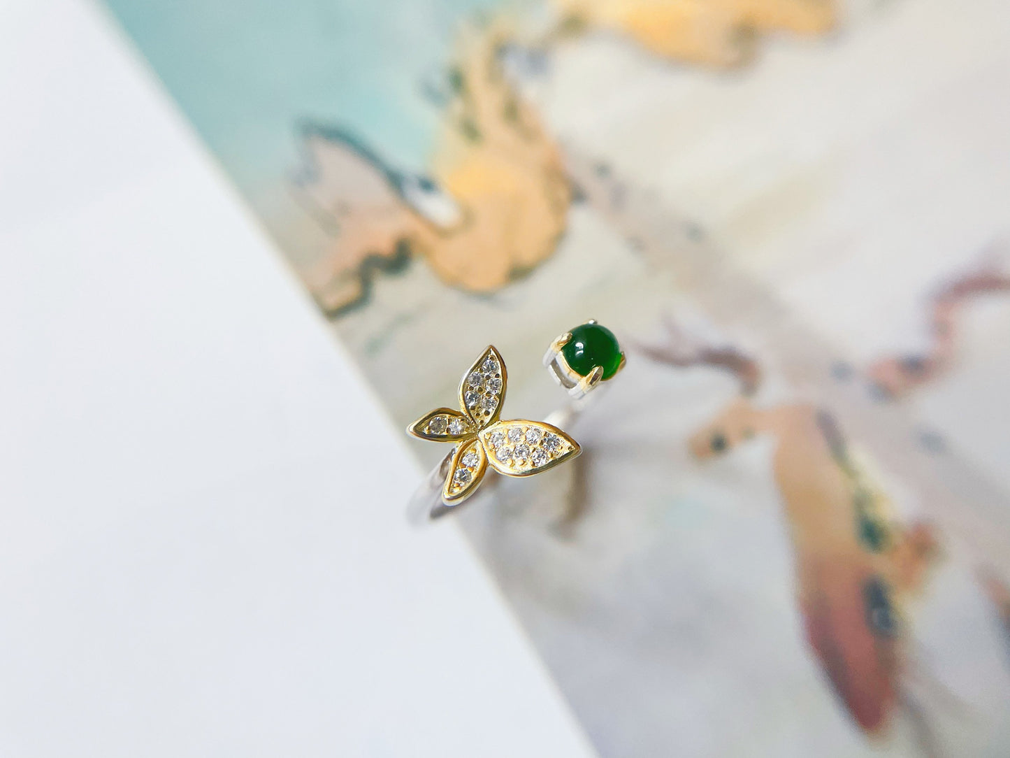 Imperial Green Jade Cabochon Butterfly Open Ring