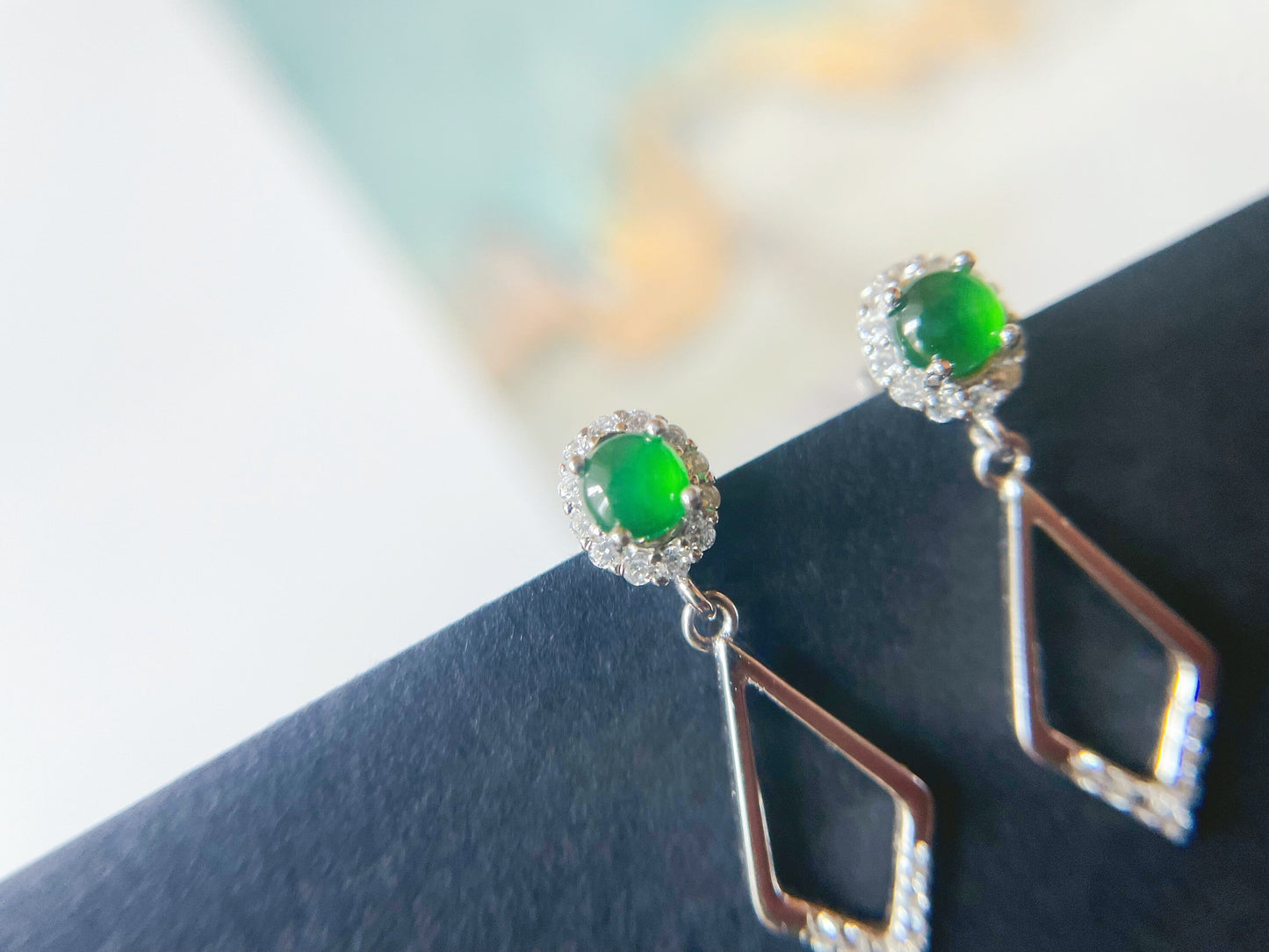 Green Jadeite Drop Earrings - 925 Sterling Silver with Zircon Accents