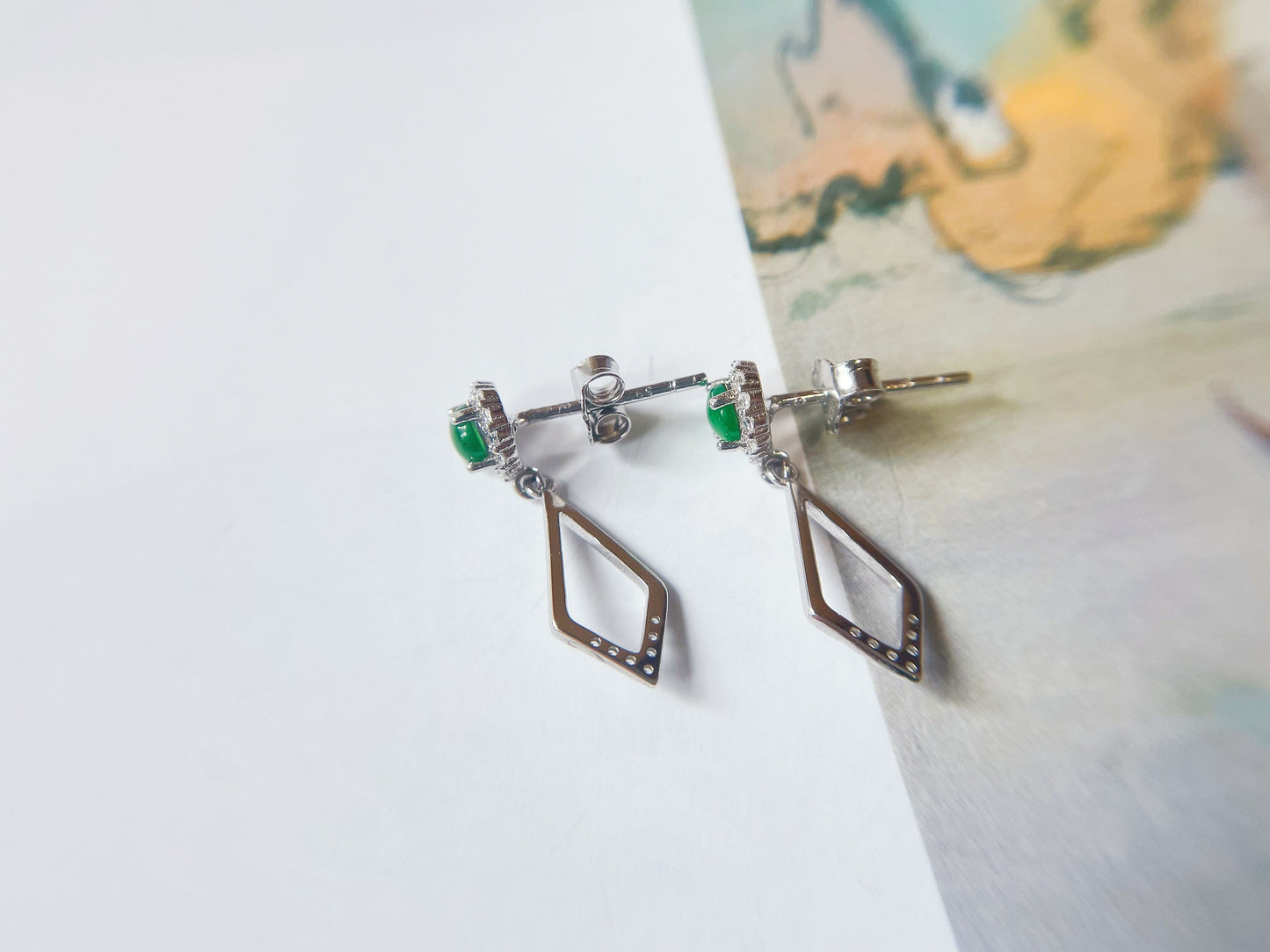 Green Jadeite Drop Earrings - 925 Sterling Silver with Zircon Accents