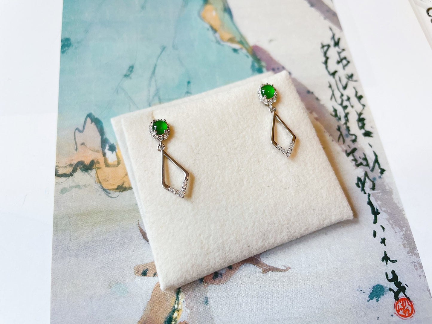 Green Jadeite Drop Earrings - 925 Sterling Silver with Zircon Accents