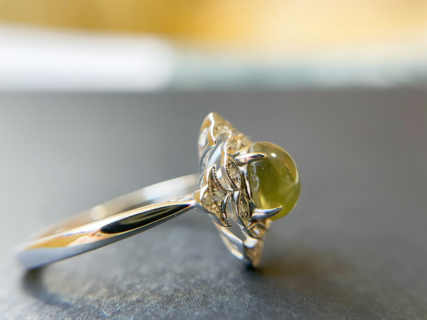 Certified Chrysoberyl Cats Eye Ring with Diamond and 18k White Gold