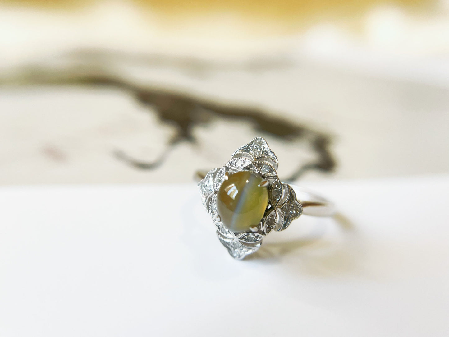 Certified Chrysoberyl Cats Eye Ring with Diamond and 18k White Gold