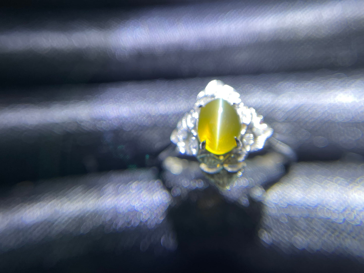 Certified Chrysoberyl Cats Eye Ring with Diamond and 18k White Gold