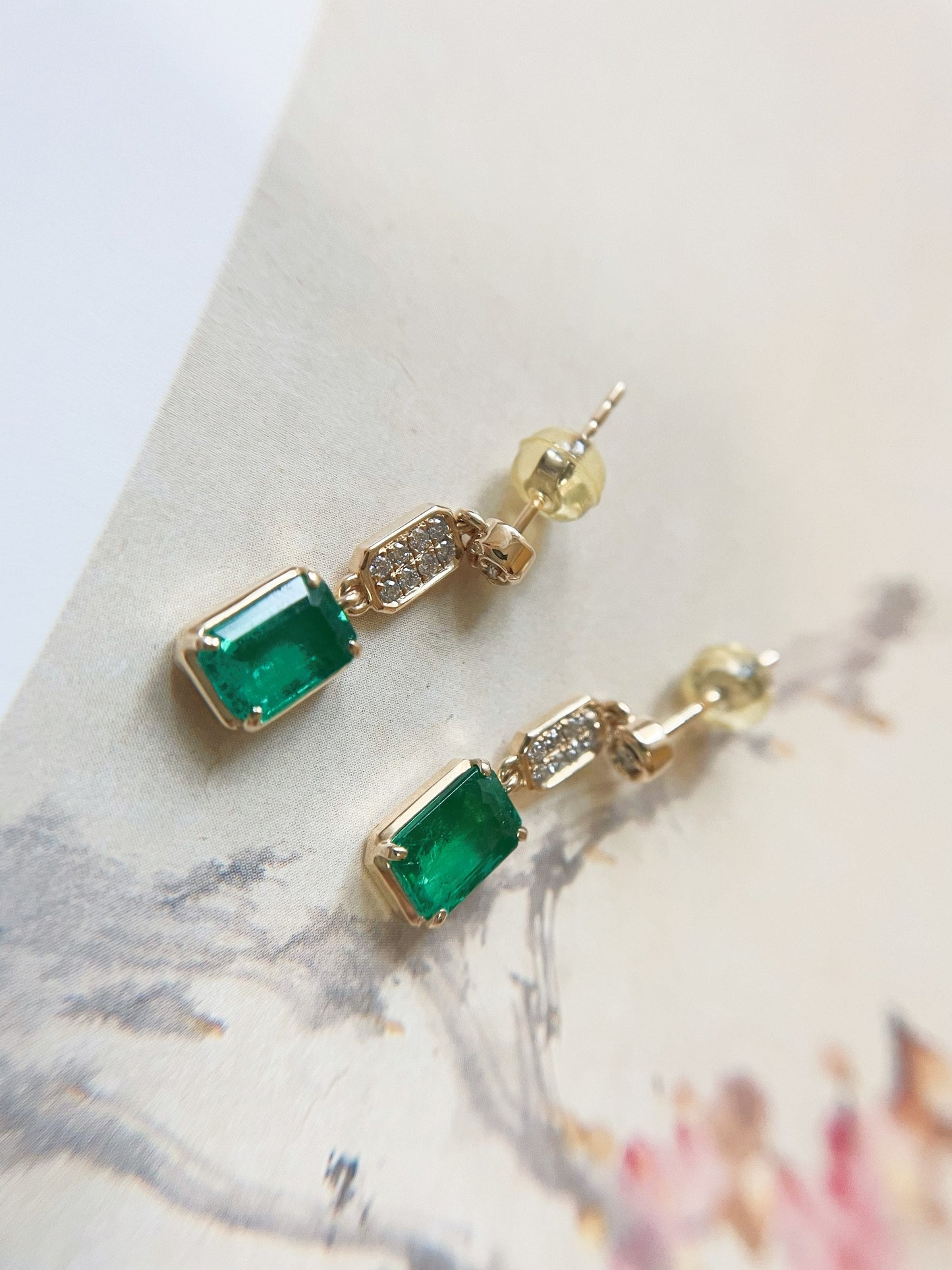 18k Yellow Gold Emerald and Diamond Drop Earrings