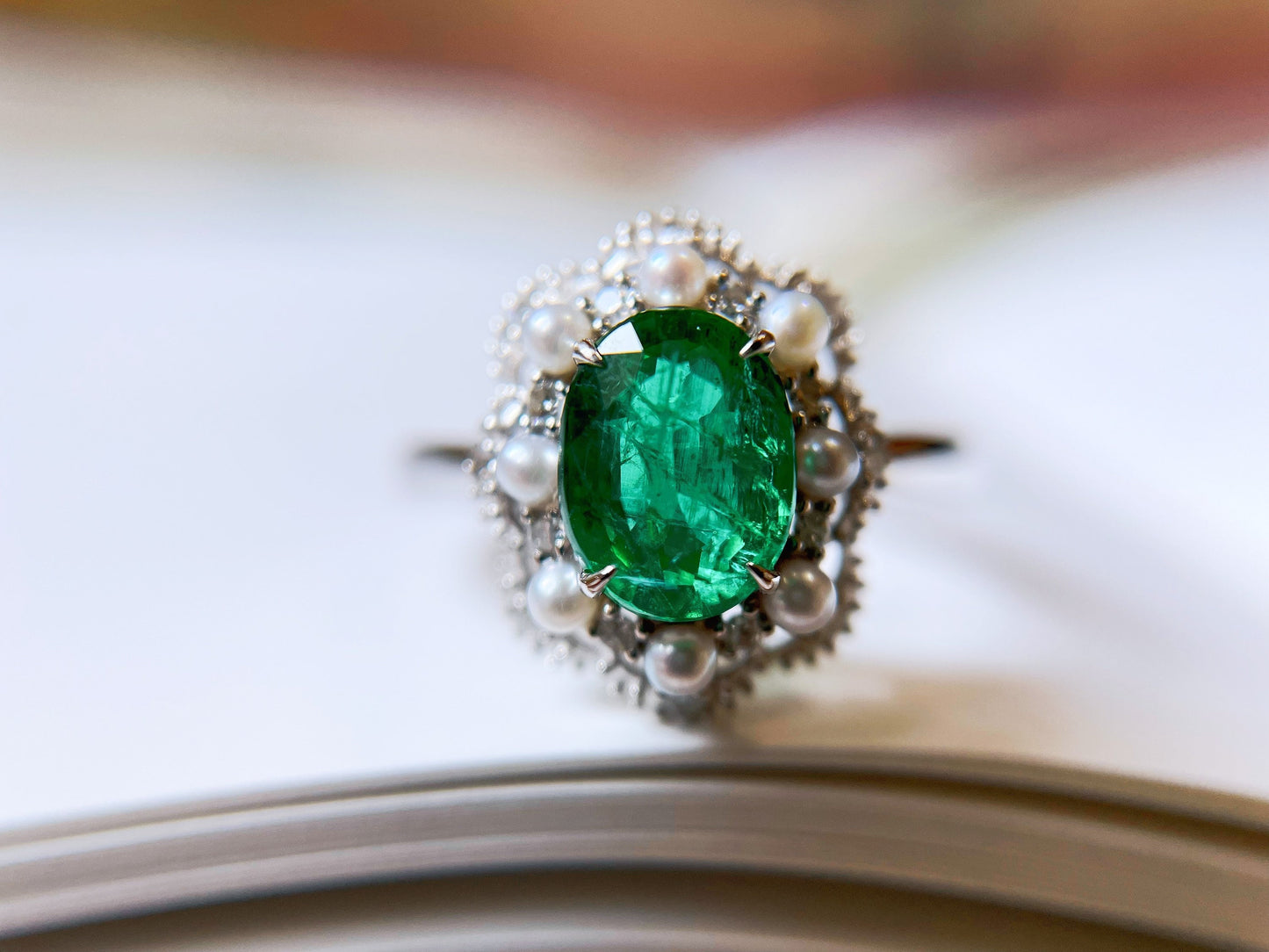 Certified Natural Muzo Green Emerald and Diamond 18k White Gold Ring