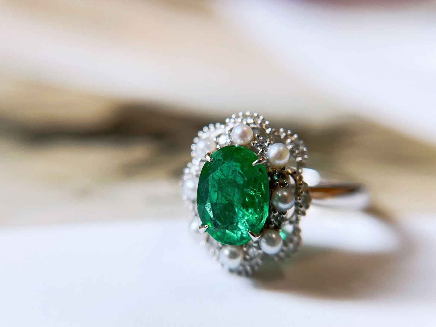Certified Natural Muzo Green Emerald and Diamond 18k White Gold Ring