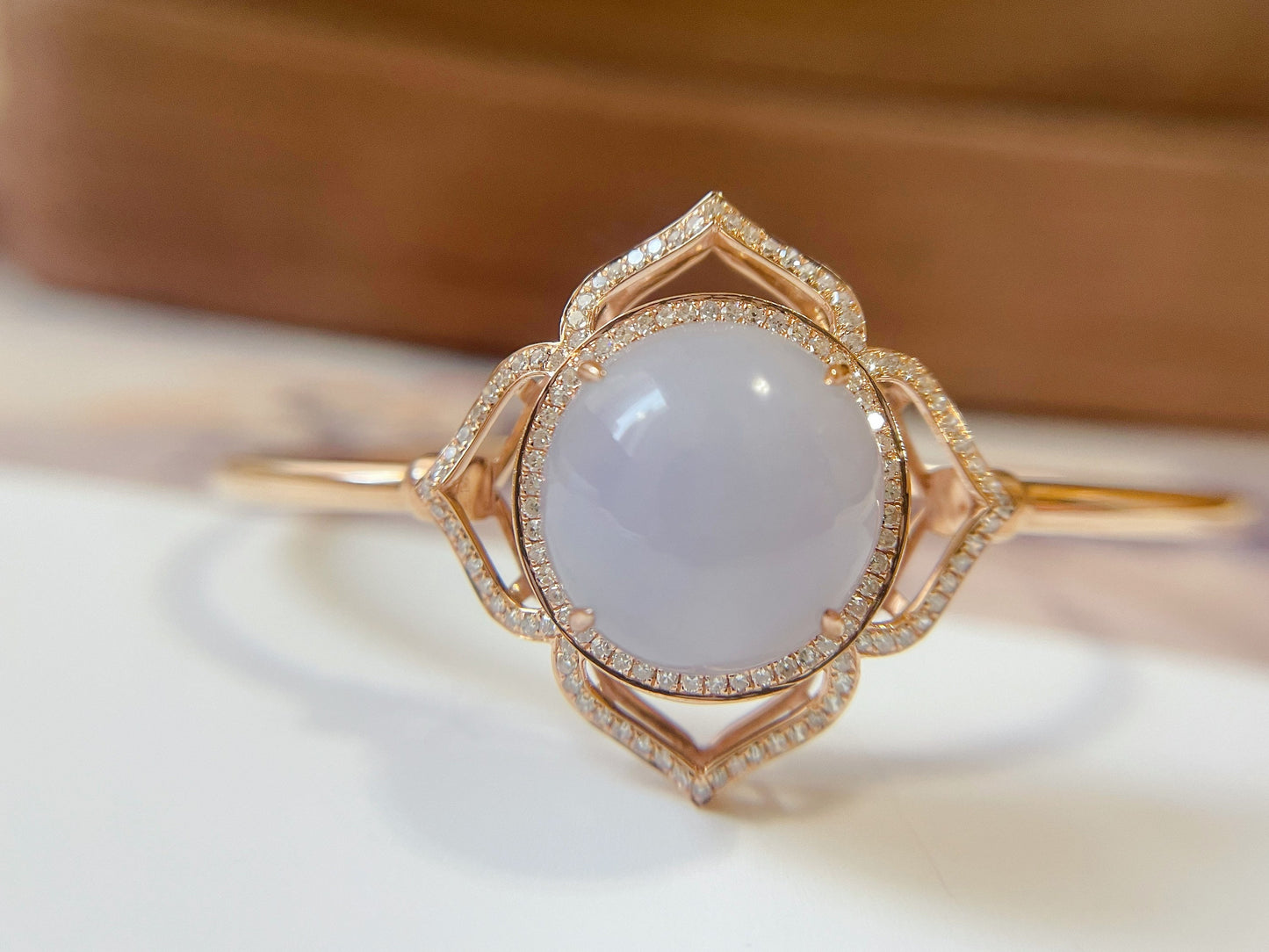 18K Rose Gold Diamond Lavender Jadeite Floral Bracelet - Natural Myanmar Giant Cabochon