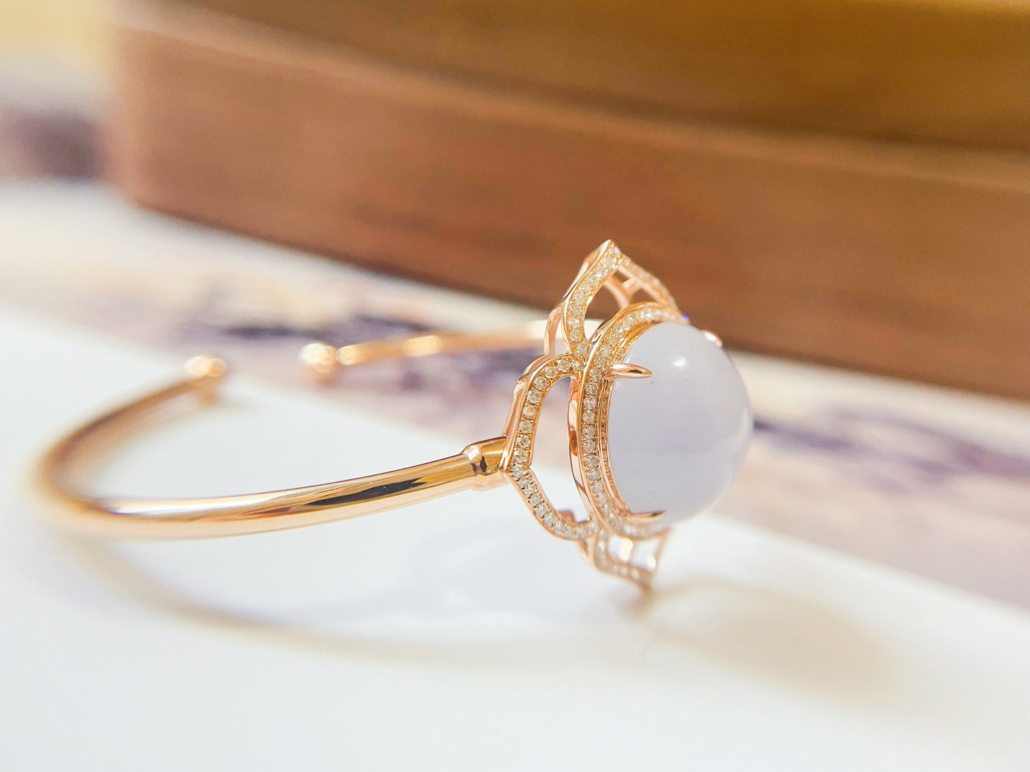 18K Rose Gold Diamond Lavender Jadeite Floral Bracelet - Natural Myanmar Giant Cabochon