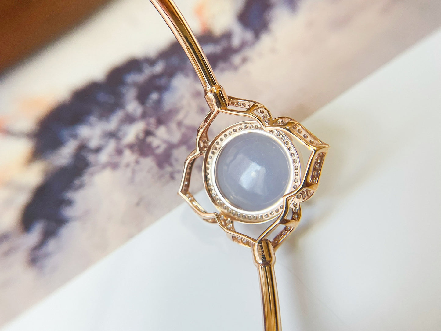 18K Rose Gold Diamond Lavender Jadeite Floral Bracelet - Natural Myanmar Giant Cabochon