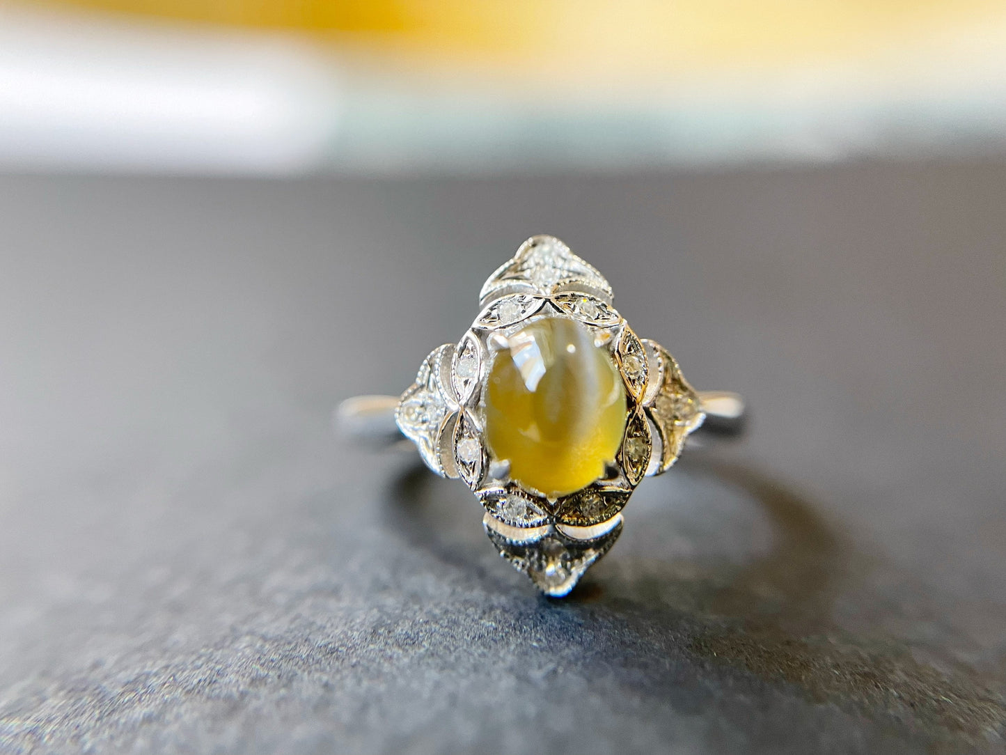 Certified Chrysoberyl Cats Eye Ring with Diamond and 18k White Gold