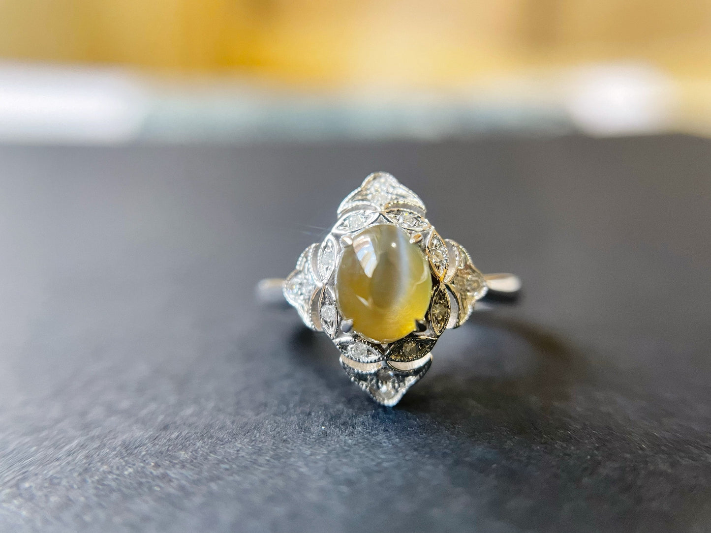 Certified Chrysoberyl Cats Eye Ring with Diamond and 18k White Gold