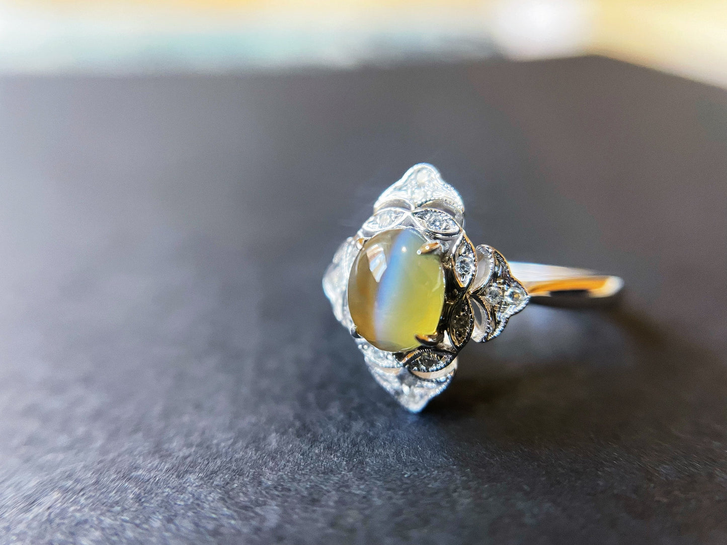 Certified Chrysoberyl Cats Eye Ring with Diamond and 18k White Gold