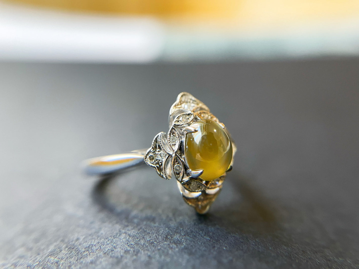 Certified Chrysoberyl Cats Eye Ring with Diamond and 18k White Gold
