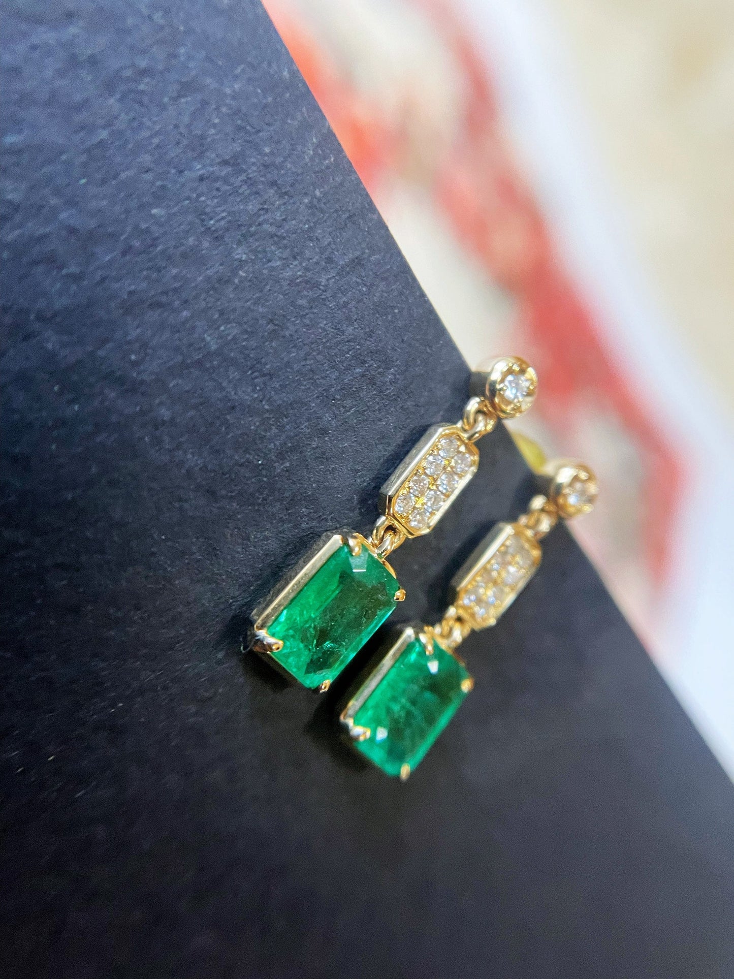 18k Yellow Gold Emerald and Diamond Drop Earrings