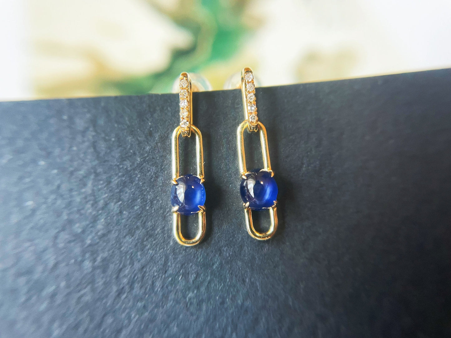Blue Sapphire Cabochon Diamond 18k Gold Earrings