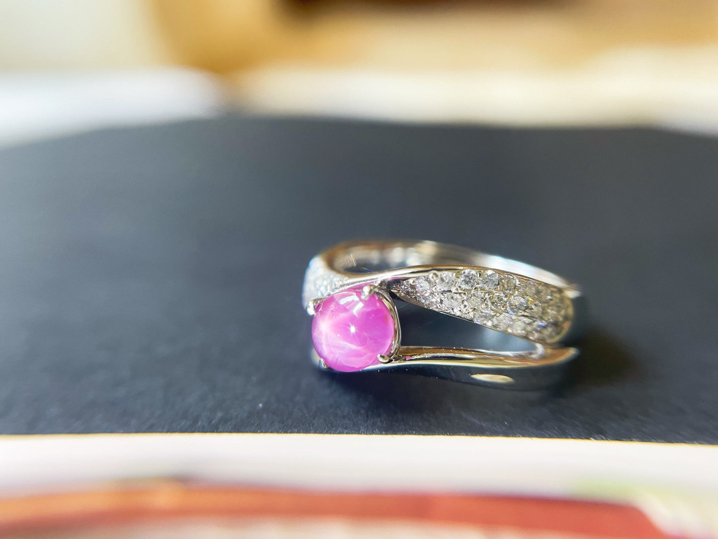 Platinum White Gold Ring with Natural Myanmar Star Ruby and Diamond