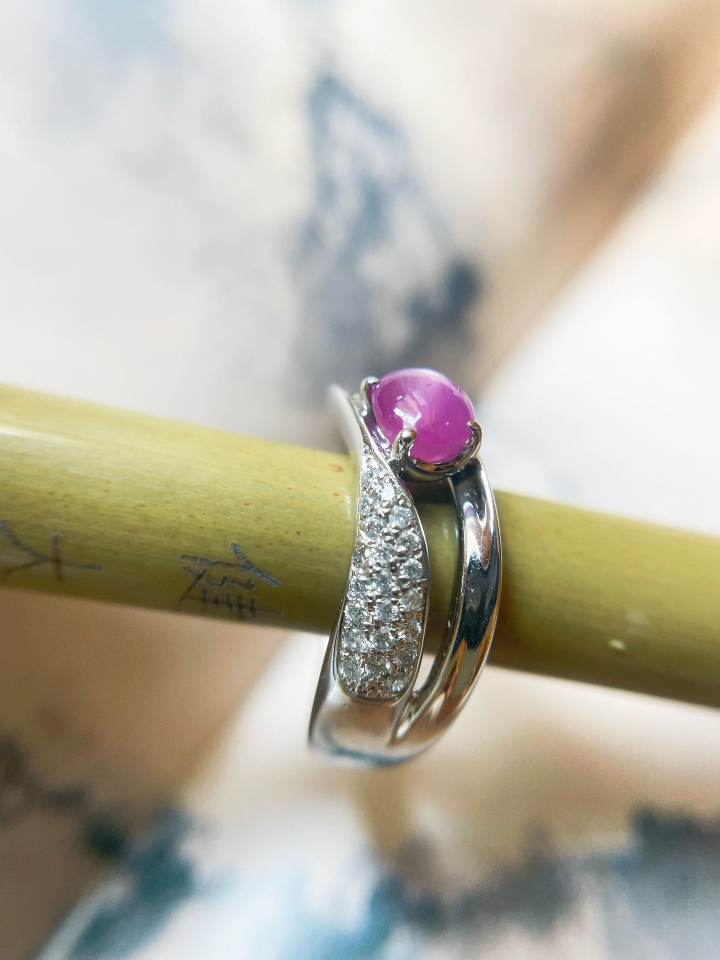 Platinum White Gold Ring with Natural Myanmar Star Ruby and Diamond