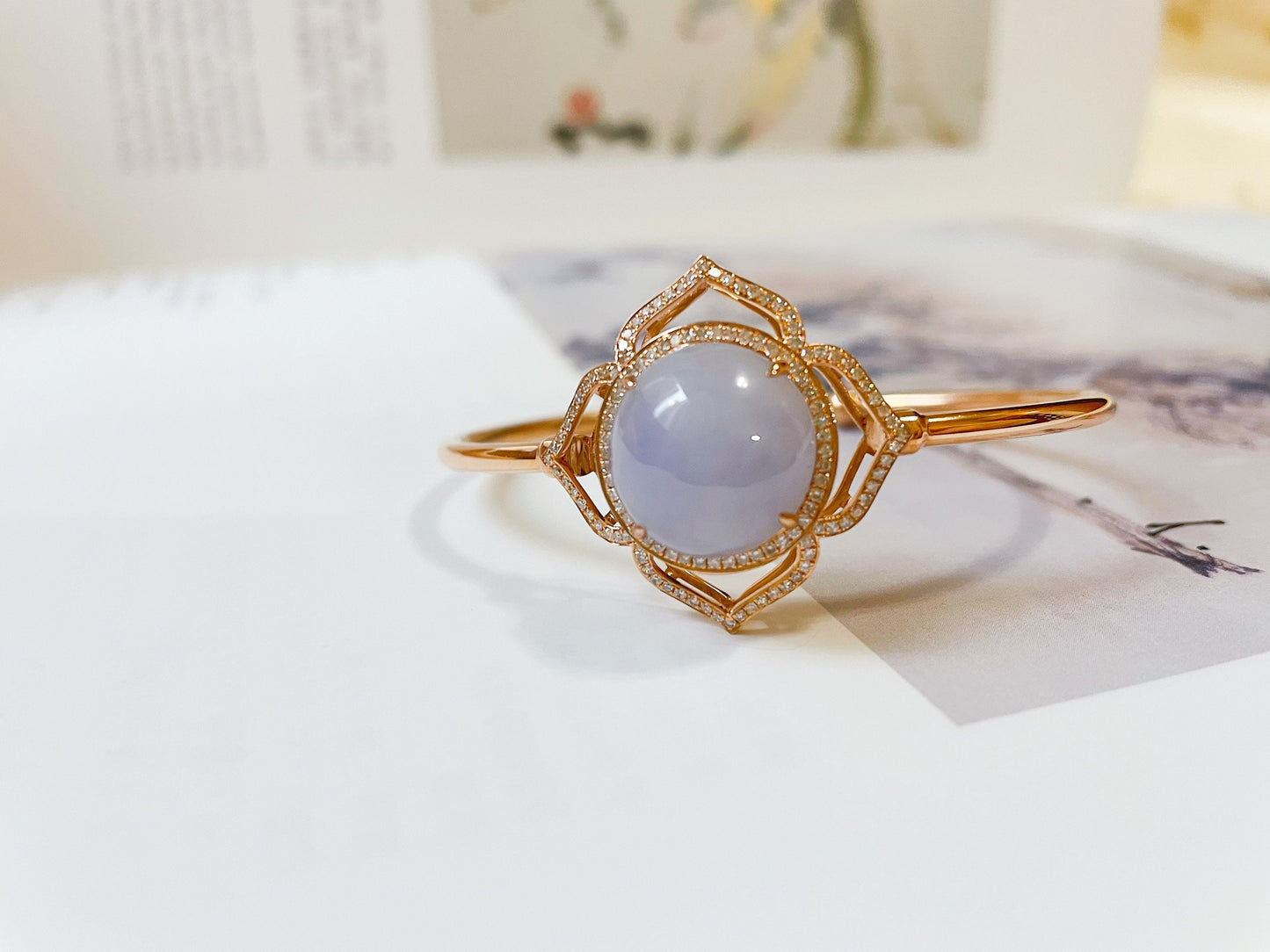 18K Rose Gold Diamond Lavender Jadeite Floral Bracelet - Natural Myanmar Giant Cabochon