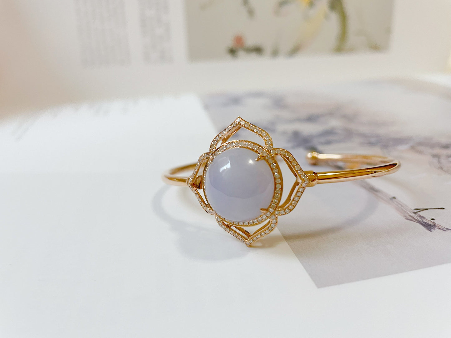 18K Rose Gold Diamond Lavender Jadeite Floral Bracelet - Natural Myanmar Giant Cabochon