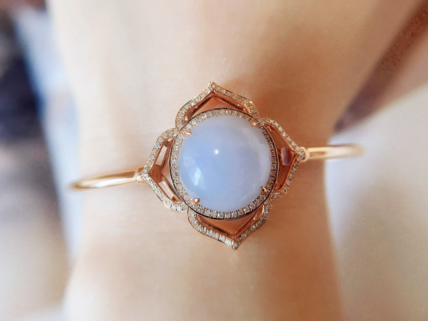 18K Rose Gold Diamond Lavender Jadeite Floral Bracelet - Natural Myanmar Giant Cabochon