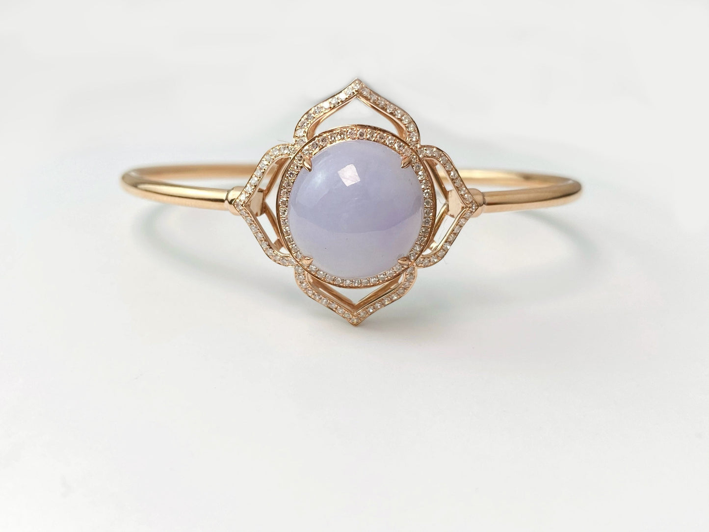 18K Rose Gold Diamond Lavender Jadeite Floral Bracelet - Natural Myanmar Giant Cabochon