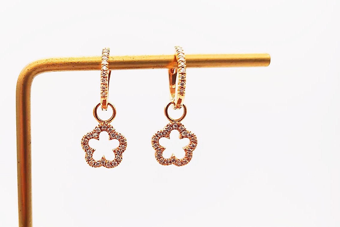 18K Rose Gold Flower Diamond Drop Earrings