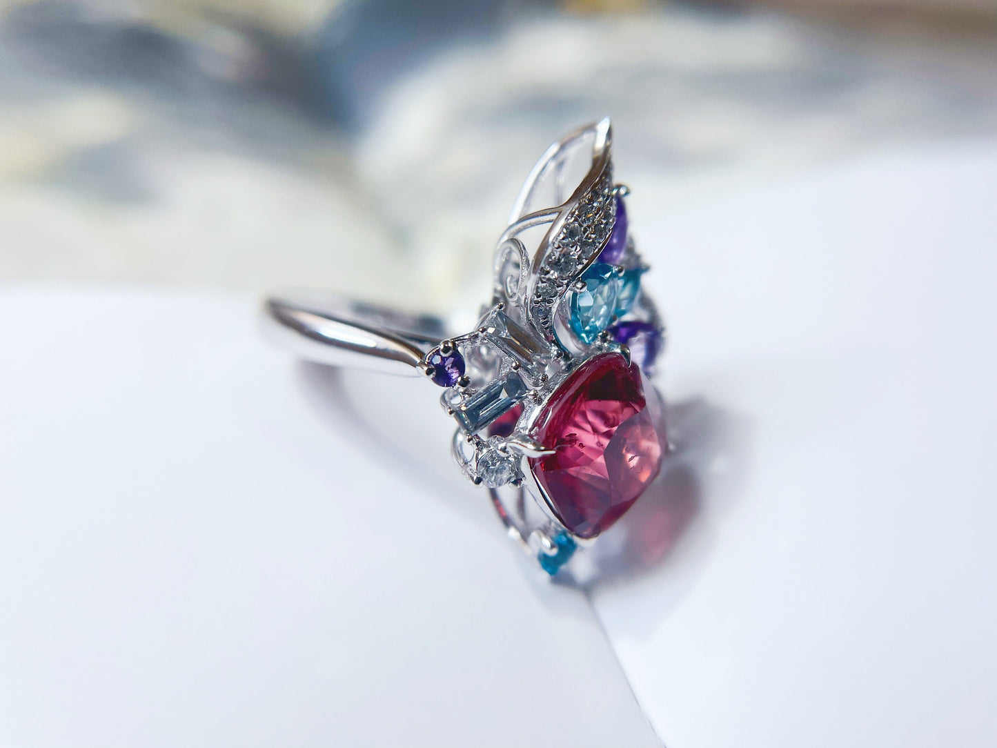 18K White Gold Natural Spinel and Diamond Ring and Pendant