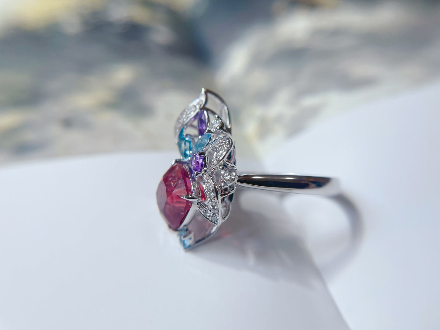 18K White Gold Natural Spinel and Diamond Ring and Pendant