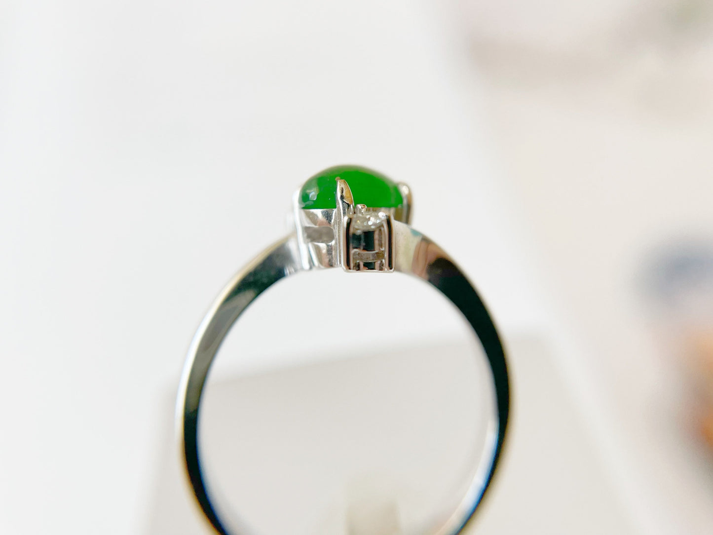 Imperial Green Jadeite Jade Ring Set in 18K White Gold with Diamond