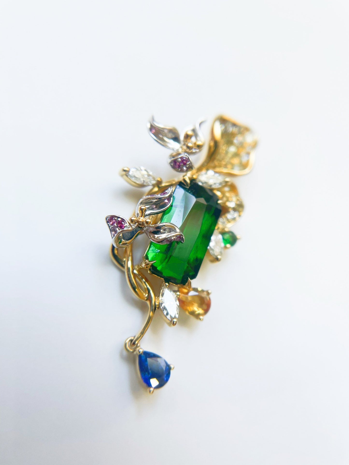 Green Tsavorite Floral Pendant - Natural Gemstones 14K Yellow Gold