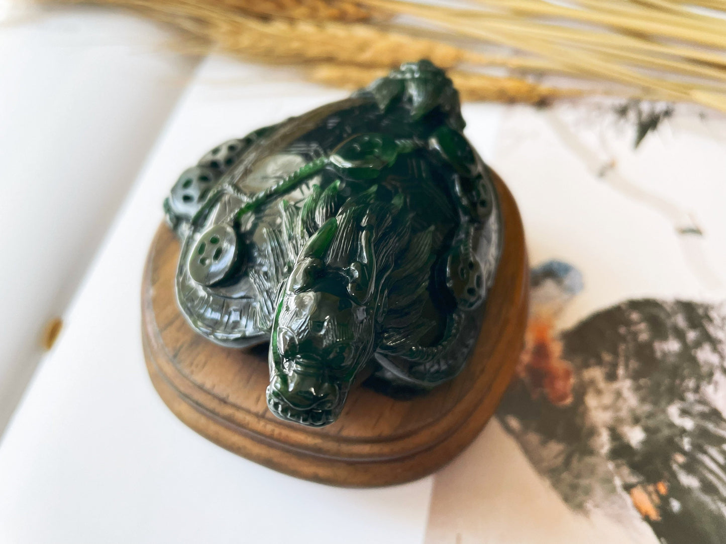 Handcrafted Dragon Turtle Jade Sculpture - Feng Shui Statue