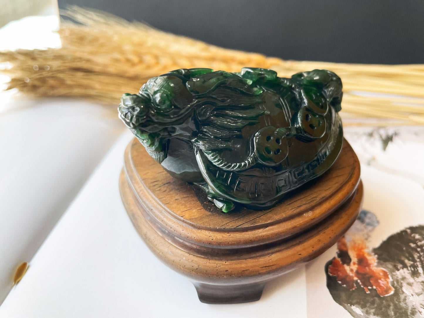 Handcrafted Dragon Turtle Jade Sculpture - Feng Shui Statue
