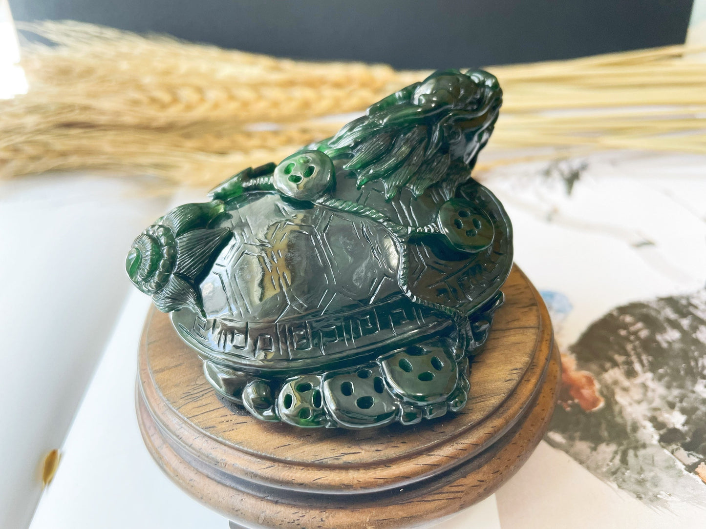 Handcrafted Dragon Turtle Jade Sculpture - Feng Shui Statue