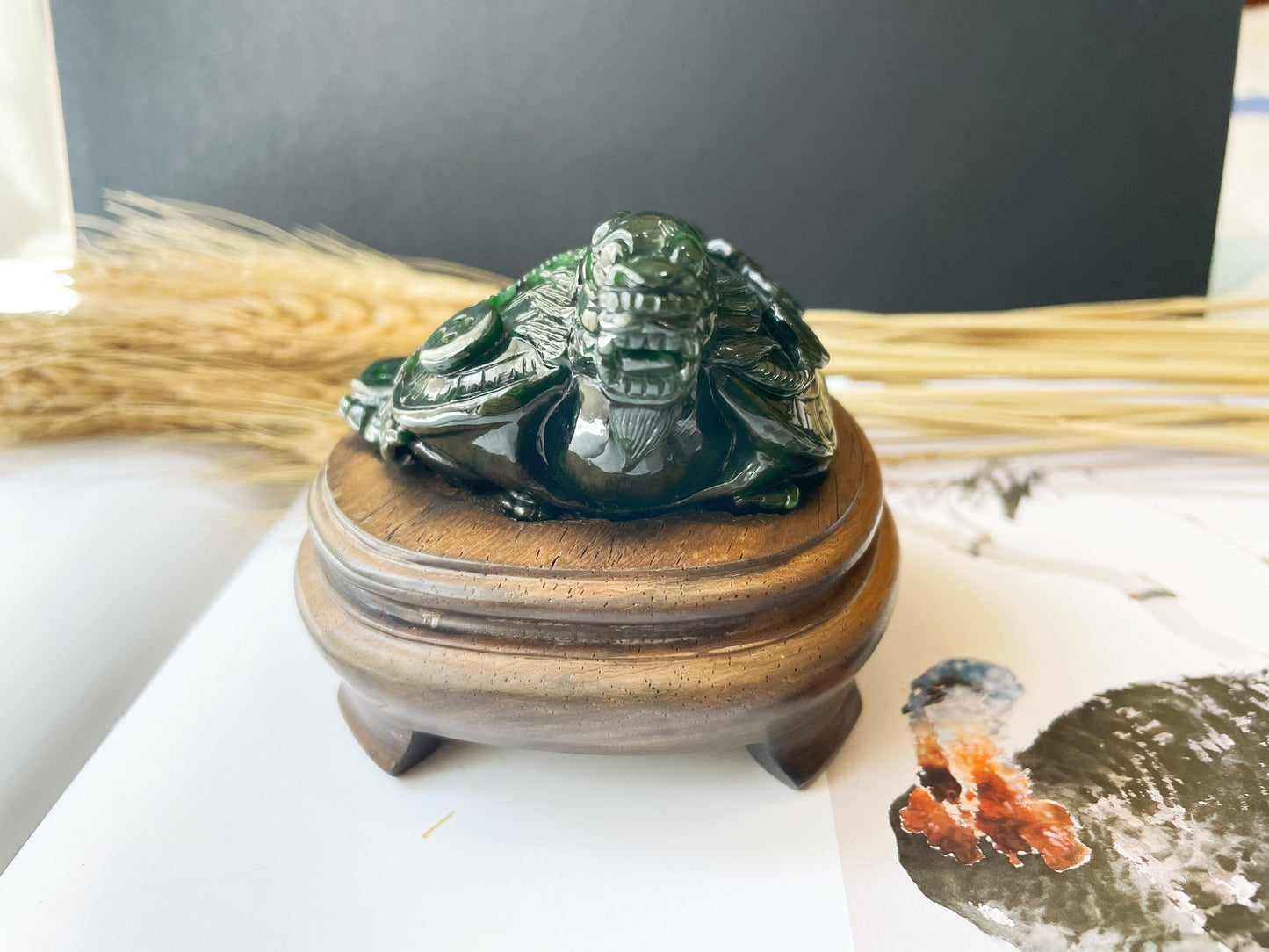 Handcrafted Dragon Turtle Jade Sculpture - Feng Shui Statue