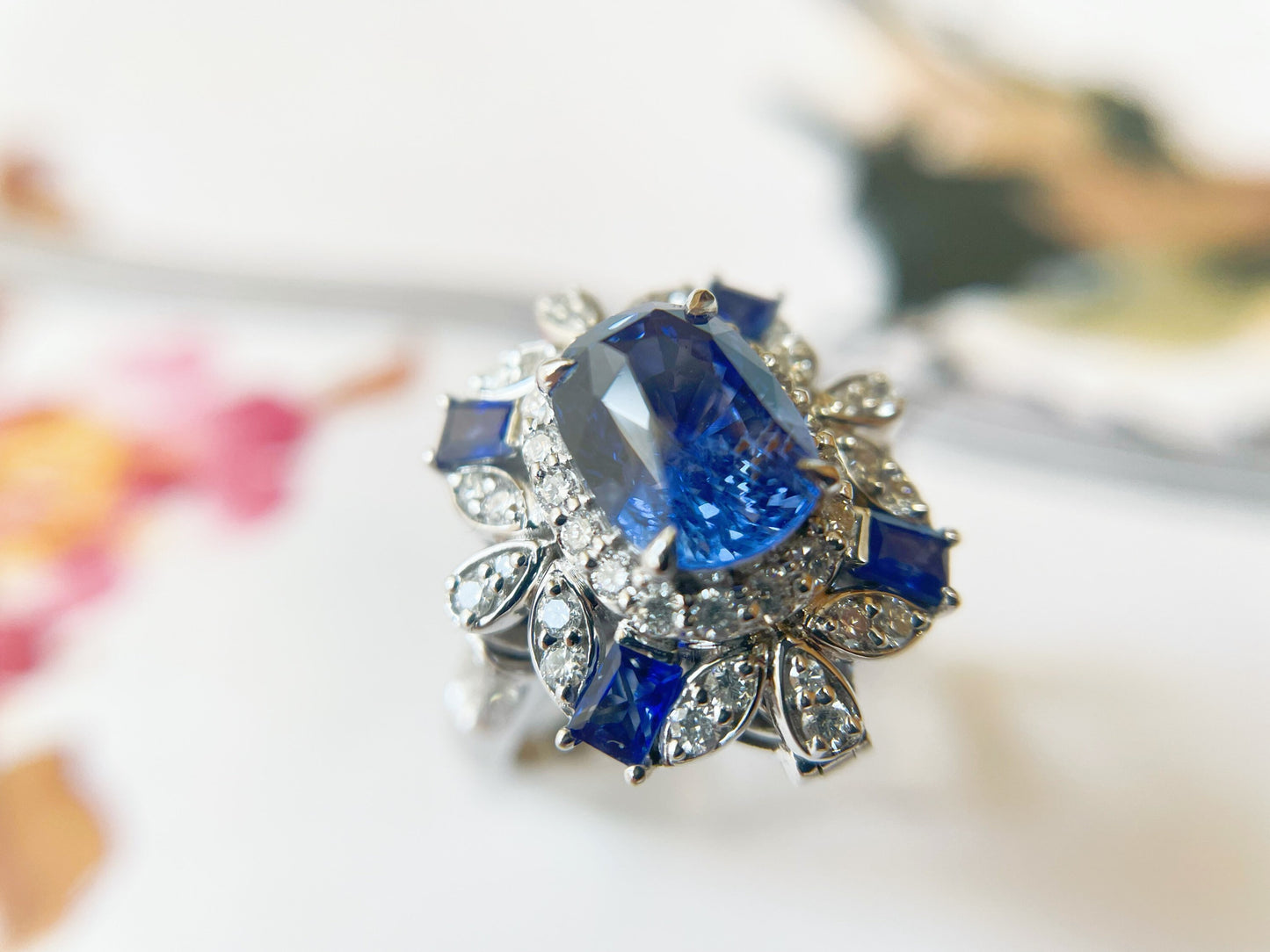 18K White Gold Blue Sapphire Ring and Pendant with Diamonds - Versatile Two-Way Design