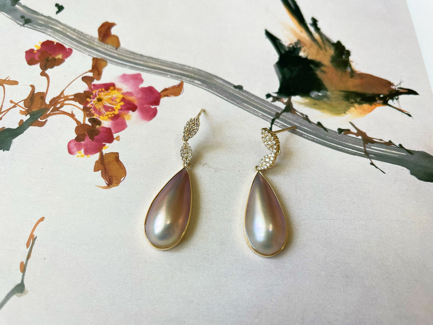 18K Gold and Diamond Amami Mabe Pearl Earrings