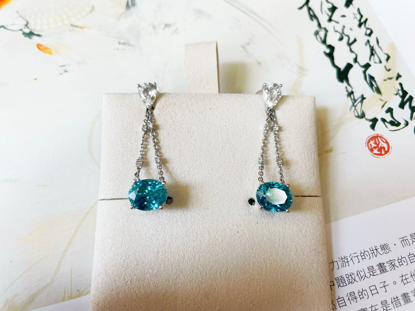 18K White Gold Diamond Drop Earrings with Blue Zircons Sapphires