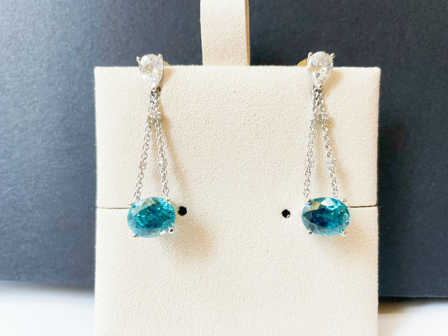 18K White Gold Diamond Drop Earrings with Blue Zircons Sapphires