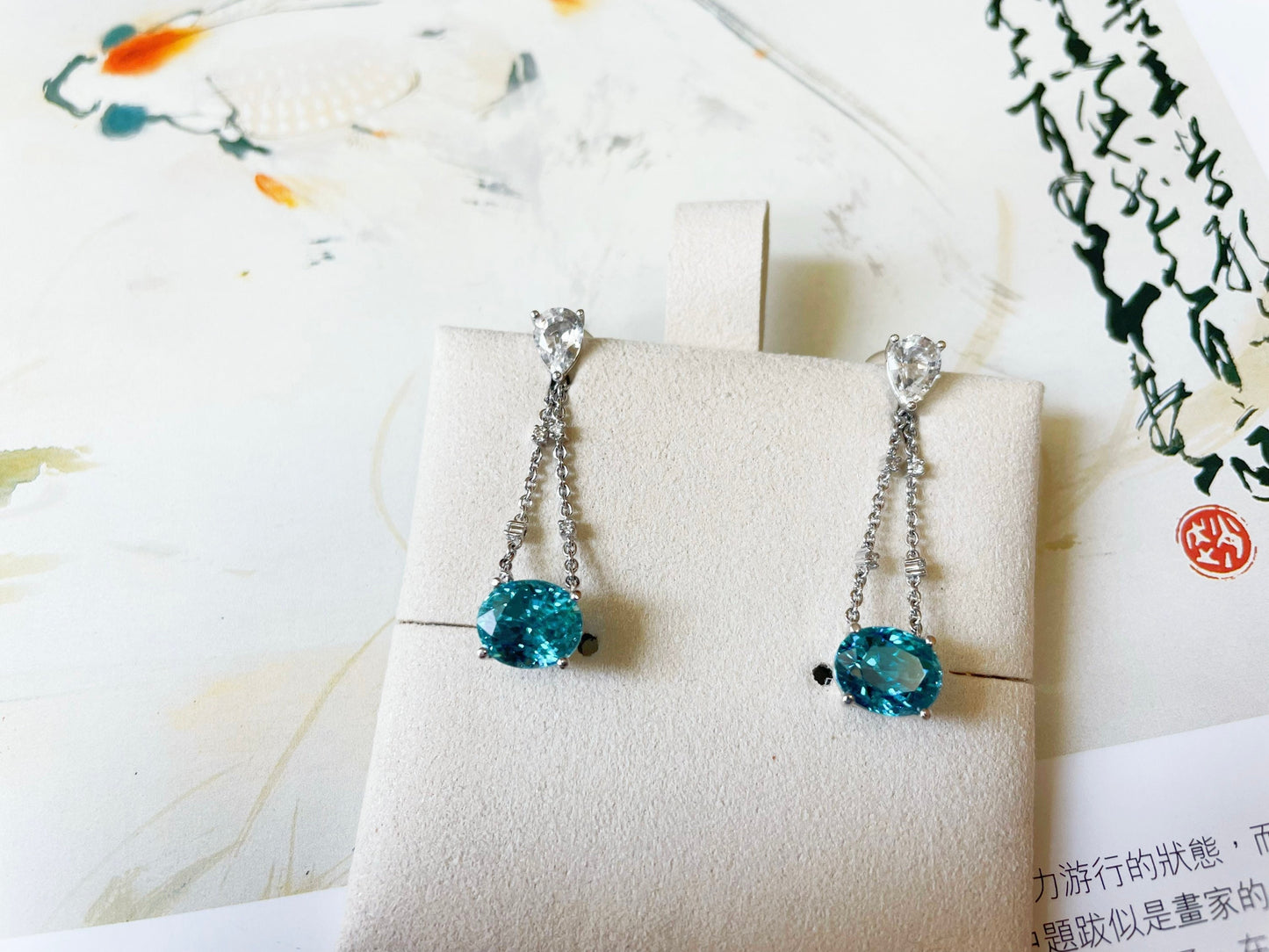 18K White Gold Diamond Drop Earrings with Blue Zircons Sapphires