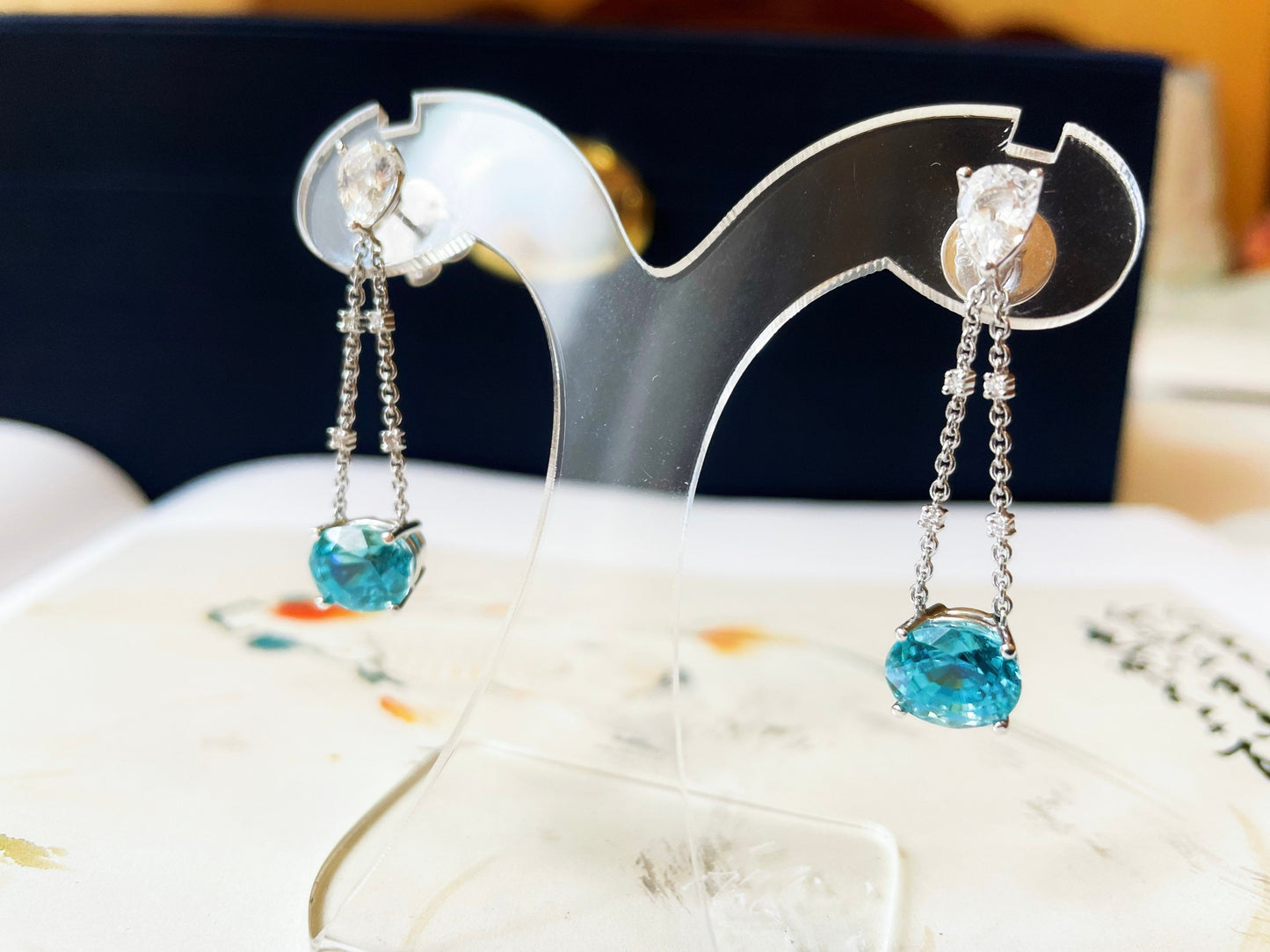 18K White Gold Diamond Drop Earrings with Blue Zircons Sapphires