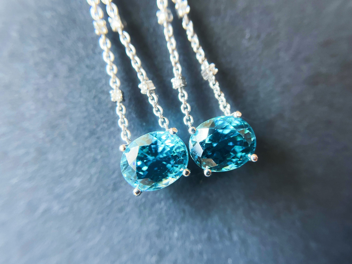 18K White Gold Diamond Drop Earrings with Blue Zircons Sapphires