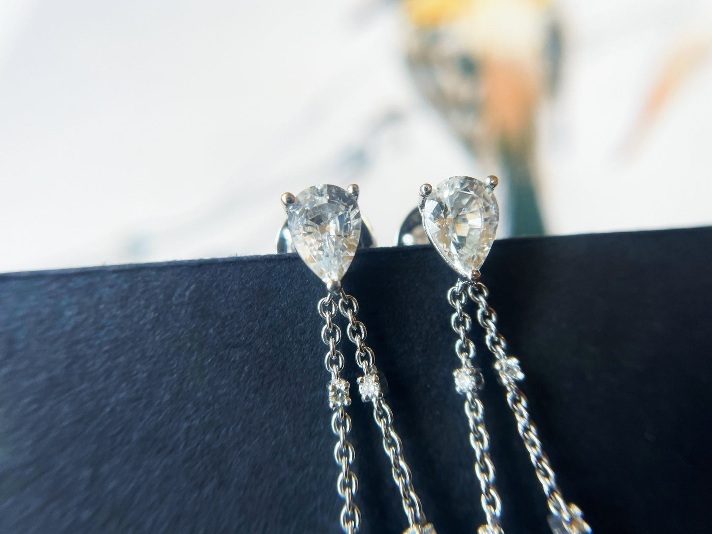 18K White Gold Diamond Drop Earrings with Blue Zircons Sapphires