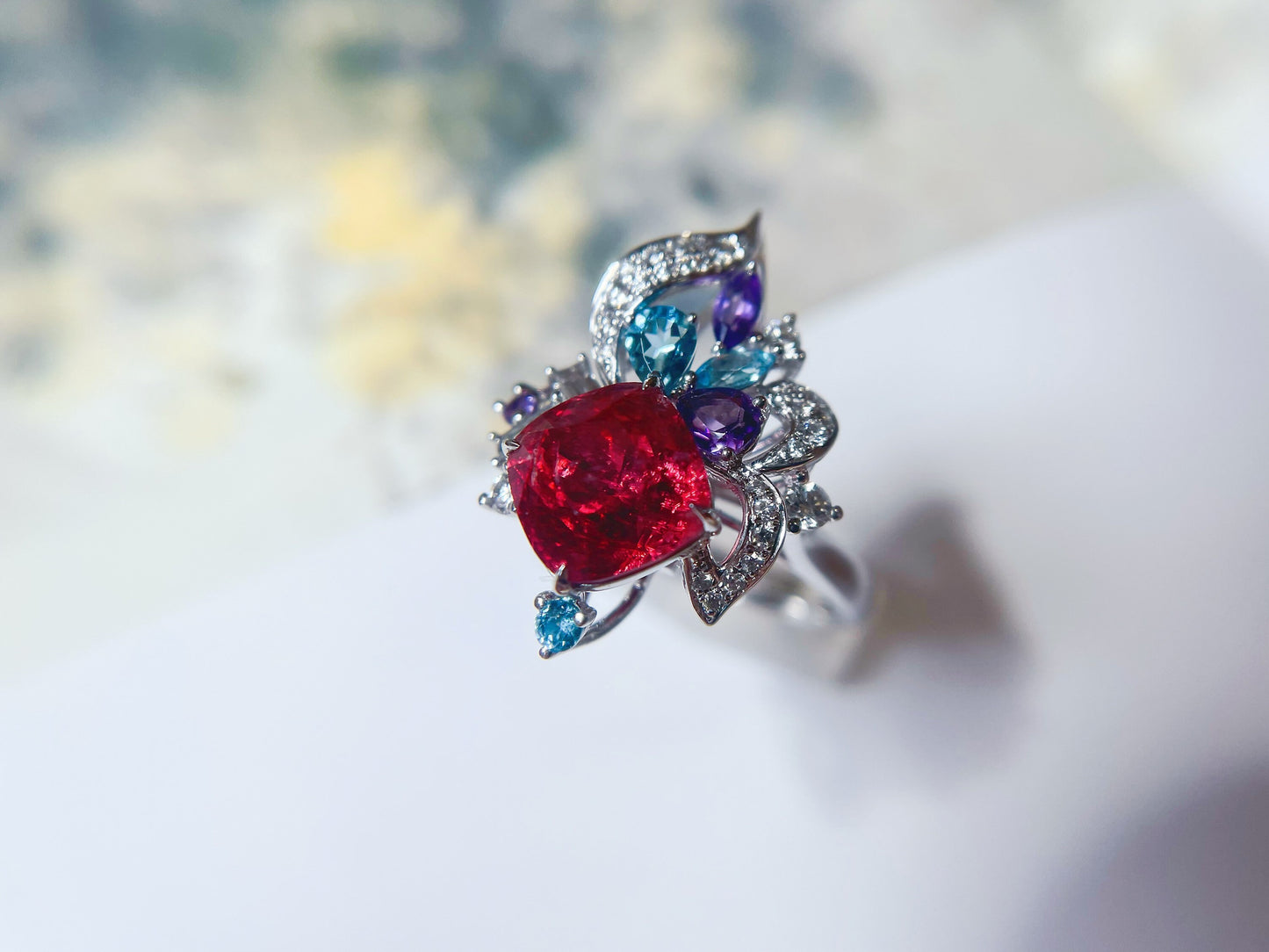 18K White Gold Natural Spinel and Diamond Ring and Pendant