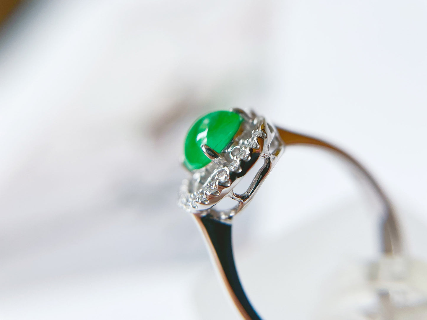 Imperial Green Jadeite Jade Cabochon Diamond 18K White Gold Ring