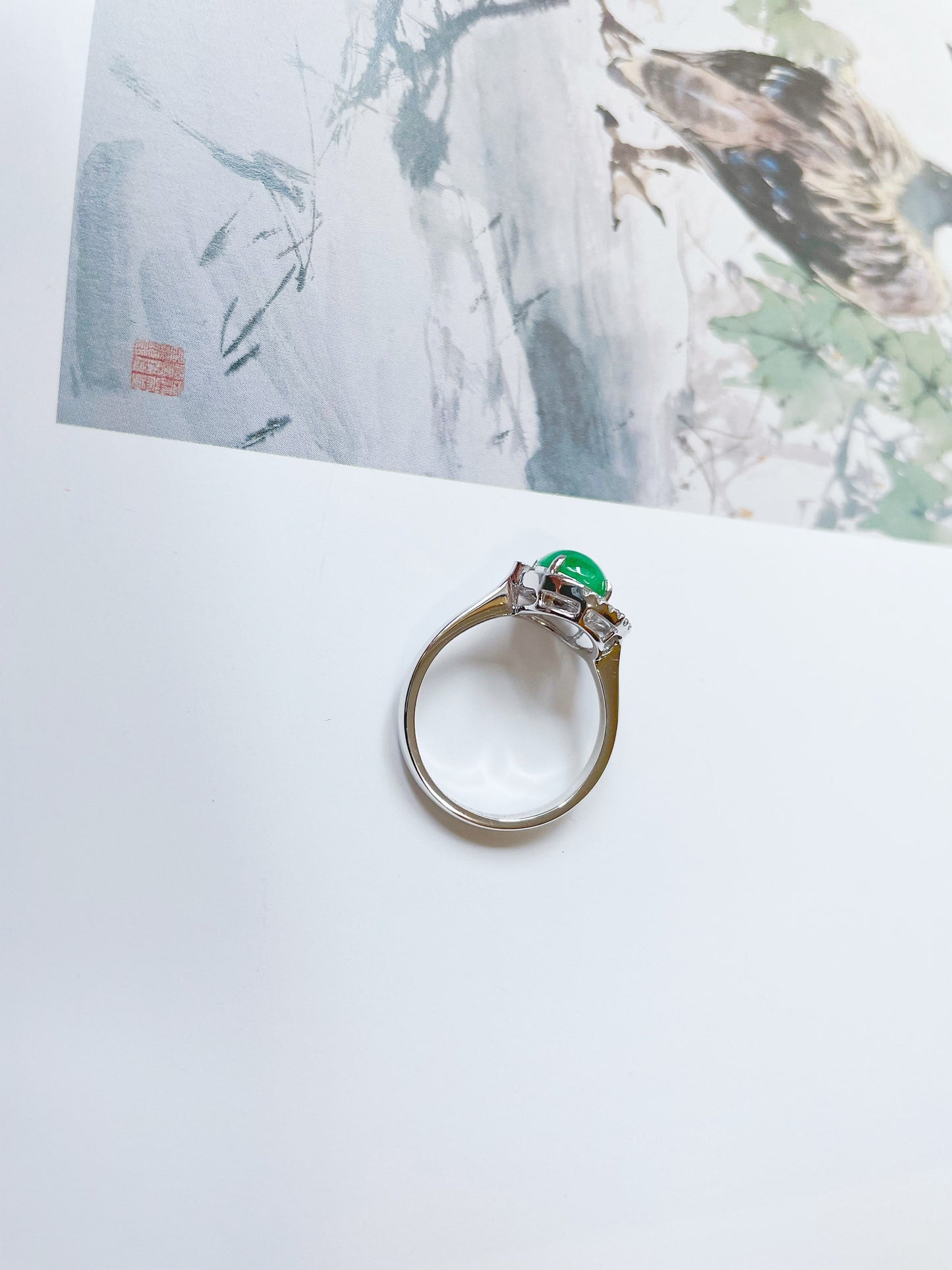 Imperial Green Jadeite Jade Cabochon Diamond 18K White Gold Ring