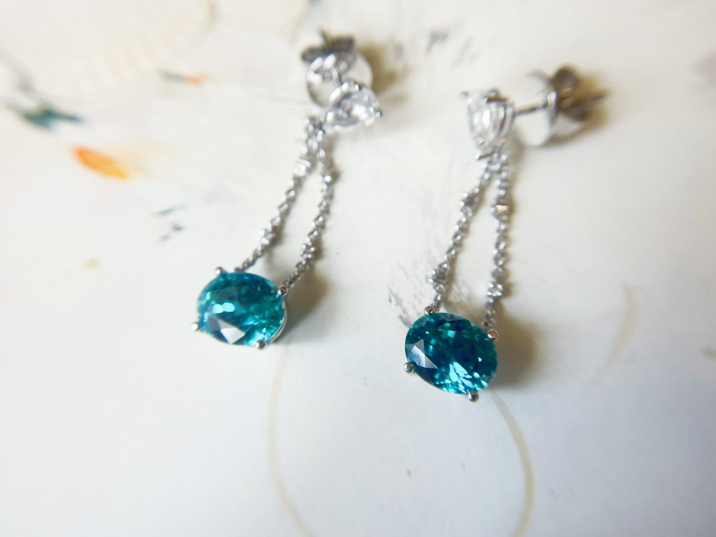 18K White Gold Diamond Drop Earrings with Blue Zircons Sapphires