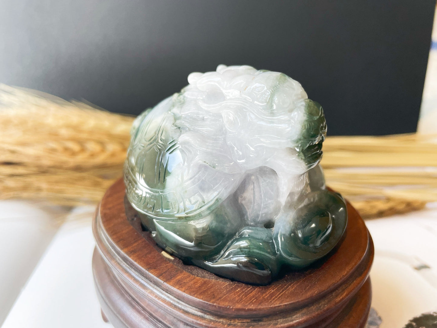 Bluish Green Dragon Turtle Jade Sculpture