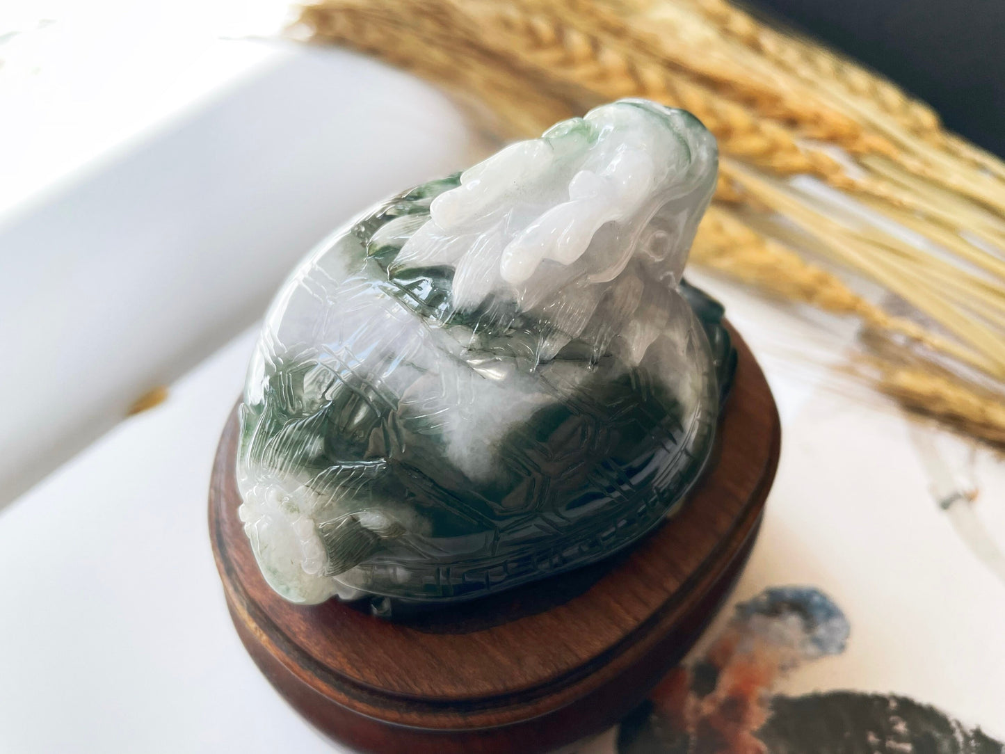 Bluish Green Dragon Turtle Jade Sculpture