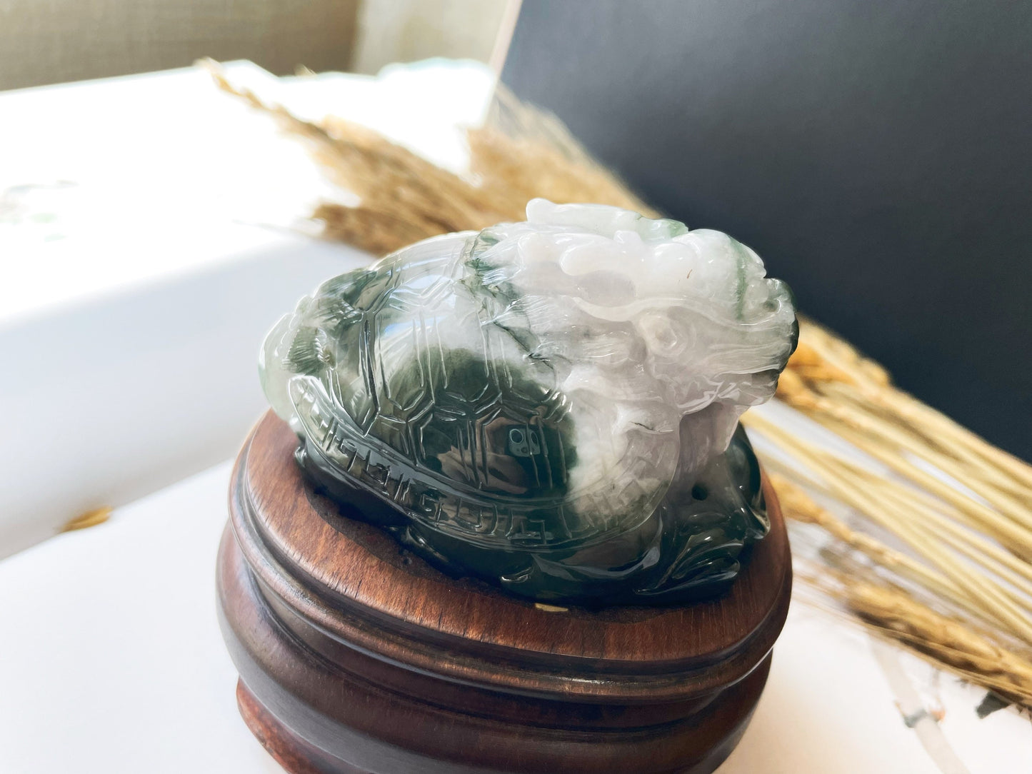 Bluish Green Dragon Turtle Jade Sculpture