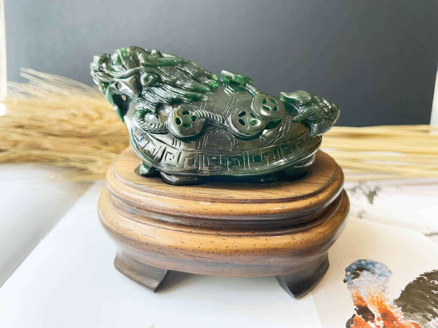 Handcrafted Dragon Turtle Jade Sculpture - Feng Shui Statue